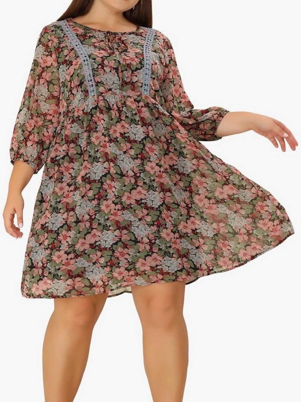 Plus Size Tie Neck Floral Printed Midi Chiffon Swing Dress, Size 2X, 4X